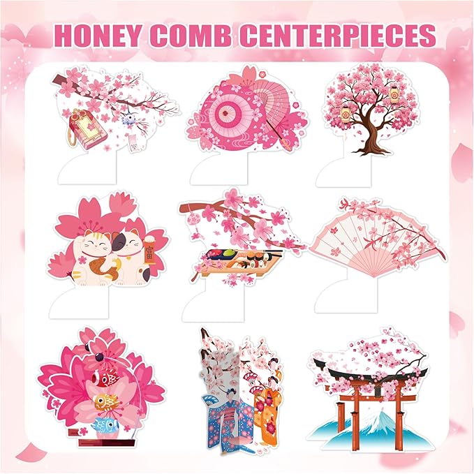 9 PCS Cherry Blossom Honeycomb Centerpieces for Table Decor, Cherry Blossom Table Decorations Table Toppers for Japanese Cherry Blossom Party Decorations Cherry Blossom Birthday Party Supplies