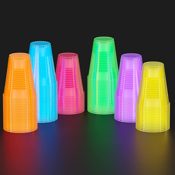 Exquisite Neon Cups 720 Pack 12 Oz | Colored Plastic Cups | Ideal For Blacklight Glow In The Dark Parties, Birthdays Or Any Event | Disposable, Food Safe