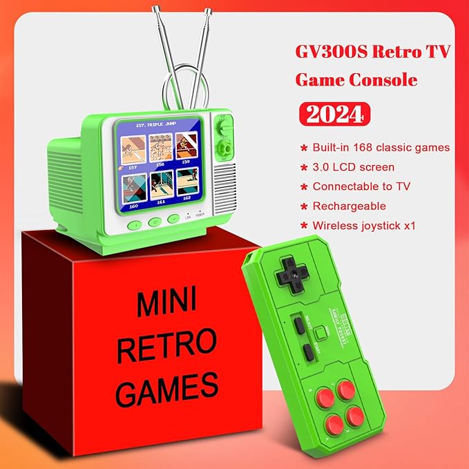 EASEGMER Retro Handheld Game Console with 168 Classic Games, Mini TV Style, 3.0" Screen, AV Output, 2 Player Support, Rechargeable Battery for Kids Ages 4-12.