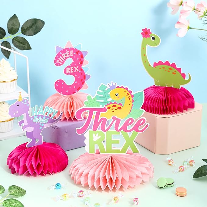 Pink Dinosaur Honeycomb Centerpieces, Little Dinosaur Three Rex Roar Birthday Table Toppers Decorations for Girl’s T-Rex Themed 3rd Birthday Party Supplies