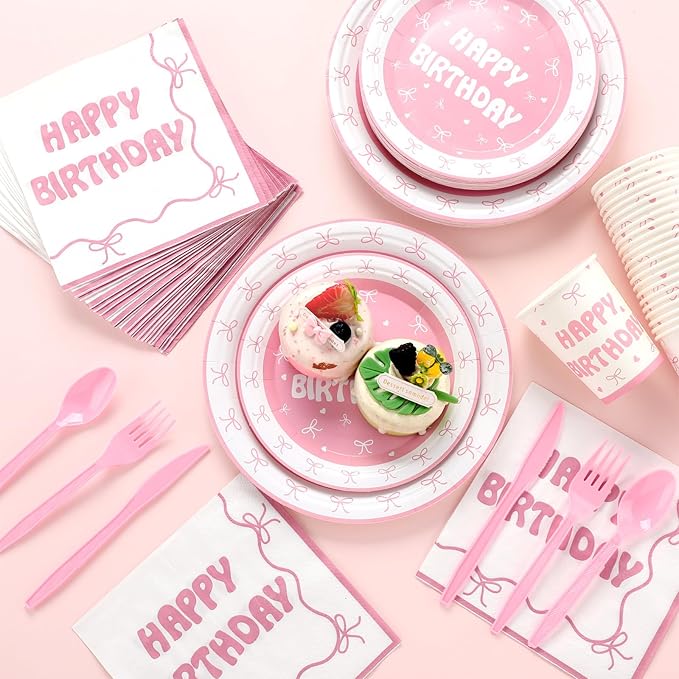 168 Pcs Coquette Birthday Decorations Wedding Spring Pink Bow Birthday Party Supplies Includes Pink Bow Napkins Plates Forks and Theme Tableware Party Supplies Decor