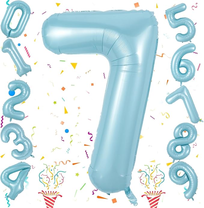 40 Inch 7th Birthday Number Balloon, Baby Blue Foil Giant Self Inflating 7 Balloons, Mylar Light Sky Blue Helium Number 7 Balloons for Boys Kids Birthday Party Decor Anniversary Decorations Supplies