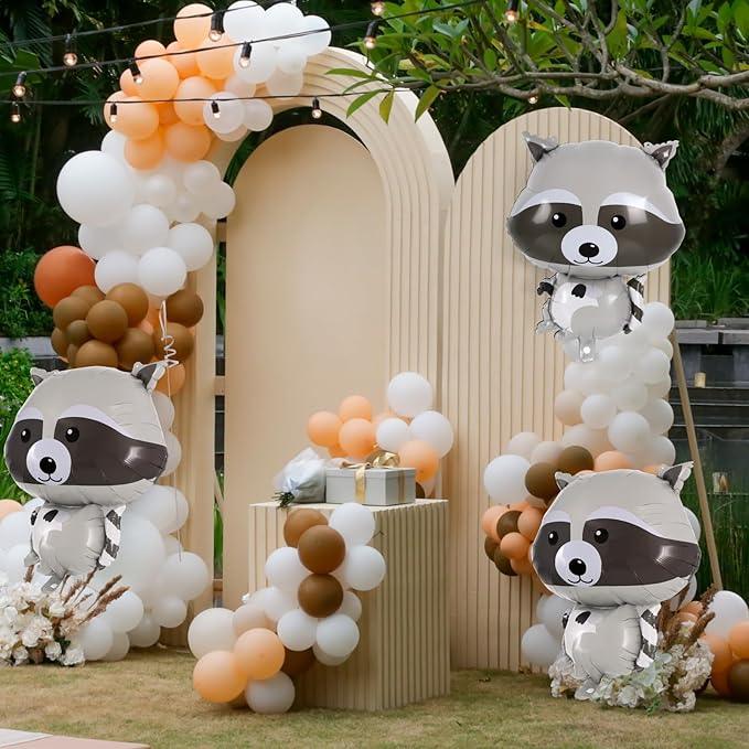 Raccoon Balloons - 6 Pcs Cute Foil Balloons for Woodland Animal Themed Party, Camping, Birthday, Baby Shower