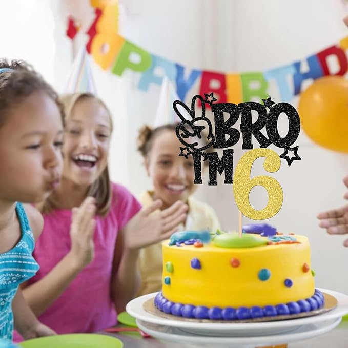 1 PCS Brother I'm 6 Cake Topper Glitter Star Happy 6th Birthday Cake Pick Bro I'm 6 Cake Decoration It's My 6th Birthday Decorations for Boys Cheers to 6 Years Old Birthday Party Supplies Gold