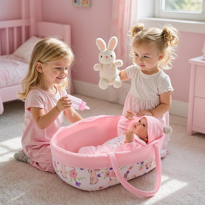 BABESIDE 8 Pcs Reborn Baby Doll Clothes with Bassinet for 17-22 Inch Baby Dolls, Baby Dolls Clothes Doll Accessories Set with Bunny Toy for Realistic Baby Dolls Girl (Not Doll)