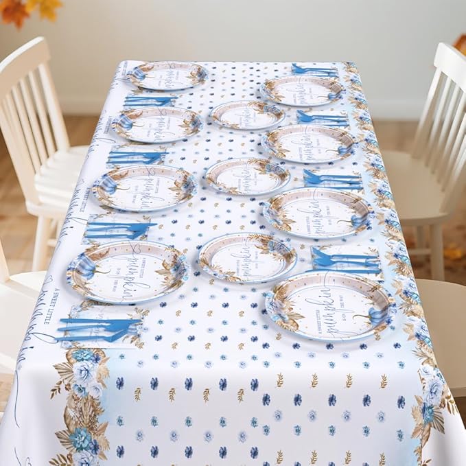 194Pcs Fall Pumpkin Baby Shower Decorations for Boys, Boho Floral Pampas Grass Little Pumpkin Party Supplies Disposable Tableware Set Plates Napkins Banners Plastic Tablecloth for Baby Shower