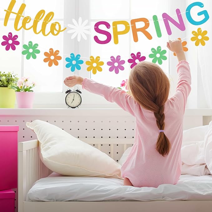 Hello Spring Banner Colorful Glitter Spring Wildflower Banner Garland, Springtime Theme Party Decorations for Home, Springtime Easter Theme Party Decorations, Indoor Outdoor Mantel Fireplace Hanging Decor