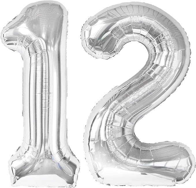 40 Inch Silver Number 12 Digital Balloon,Jumbo Mylar Foil Helium Balloon for 12 Balloons for Birthday Party,Wedding Anniversary Party Decorations