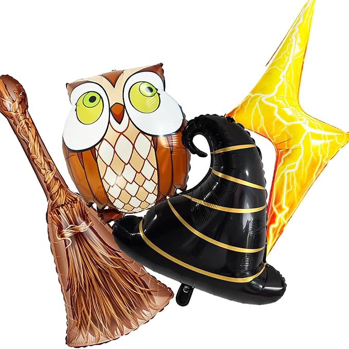 6pcs Magical Wizard Hat Balloons Hary Balloons Broom Balloon for Magic Themed Birthday Decorations Wizard Party Decor Magic Poter Decor Graduation Party Poters Baby Shower Party Supplies