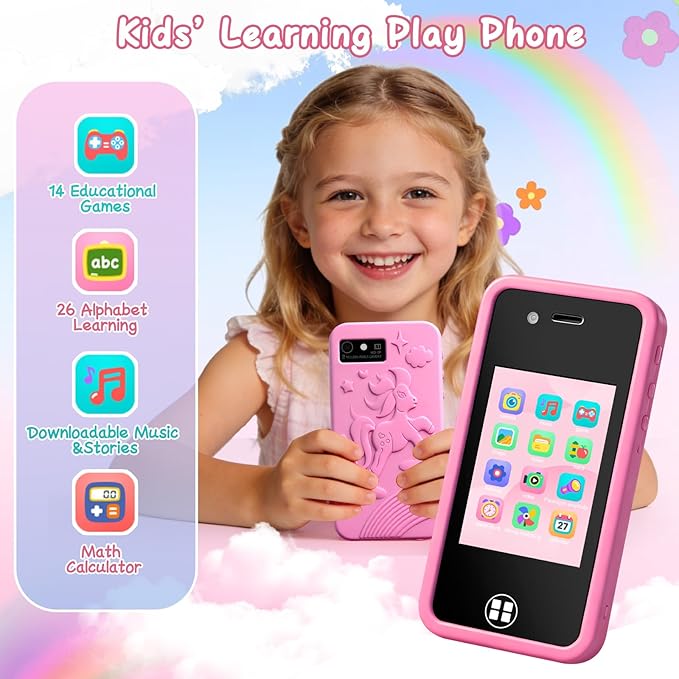Kids Toy Smart Phone for 4-8 Year Old Boys Girls | Dual Camera, 14 Educational Games, Drop-Proof Fake Phone with MP3 Player & 16GB SD Card, Perfect Christmas Birthday Gift (Pink)