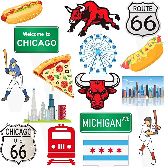 Chicago Cupcake Toppers US Chicago City Party Decorations 48PCS Chicago Theme Party Cupcake Picks Chicago Illinois Cake Decorations for Michigan Welcome to Chicago Party Supplies