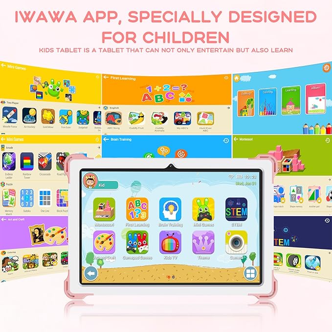 10 Inch Android 15 Kids Tablet, 10GB RAM 64GB ROM, 10000mAh Battery, Parental Control, Iwawa Educational Learning Apps, Tablet for Kids 3-7（Pink）