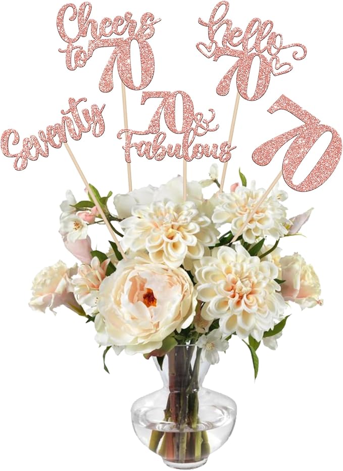 15PCS Happy 70th Birthday Centerpiece Sticks Seventy Hello 70 Cheers to 70 Table Flower Centerpieces Sticks 70 Fabulous Floral Decorations for Happy 70th Birthday Party Centerpieces Supplies Rose Gold