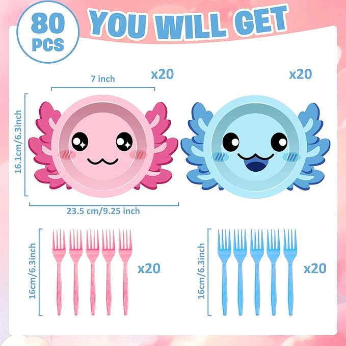 80Pcs Axolotl Birthday Party Plates 7 Inch Dessert Plates and Forks Cartoon Axolotl Dinner Paper Plates Dinnerware for Kids Boys Girls Party Baby Shower Decorations Supplies Favors