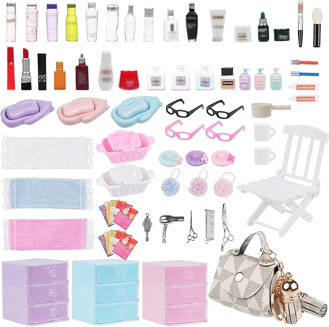 77Pcs Dollhouse Bathroom Accessories Set - Miniature Makeup & Toiletries with Storage Cases, Handbag, Hair Dryer - 1:12 Scale Doll House Decor for Girls