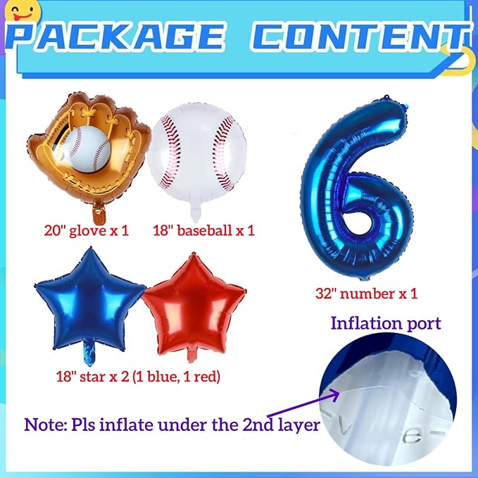 Baseball Balloons 6th Birthday Decorations for Boys | Baseball Birthday Decoration Sports Theme Party Supplies, 32Inch Foil Mylar Number 6 Balloon Navy Blue Red White Sports Balloon Arch Kits