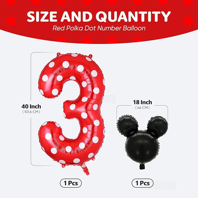 40 Inch Number 3 Foil Balloon Red Polka Dot for 3rd Birthday Kids Balloons Party Supplies Decorations