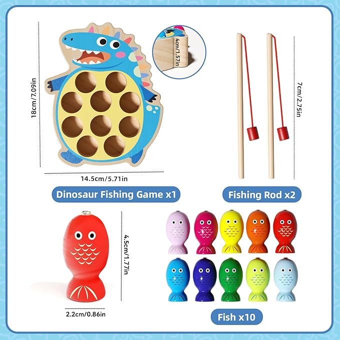 Magnetic Wooden Fishing Toy for Toddlers 2-4, Crocodile Montessori Toys for 2 3 4 Year Old, Fine Motor Skills Early Educational Learning Toy for Kids Boys Girls (Dinosaur)