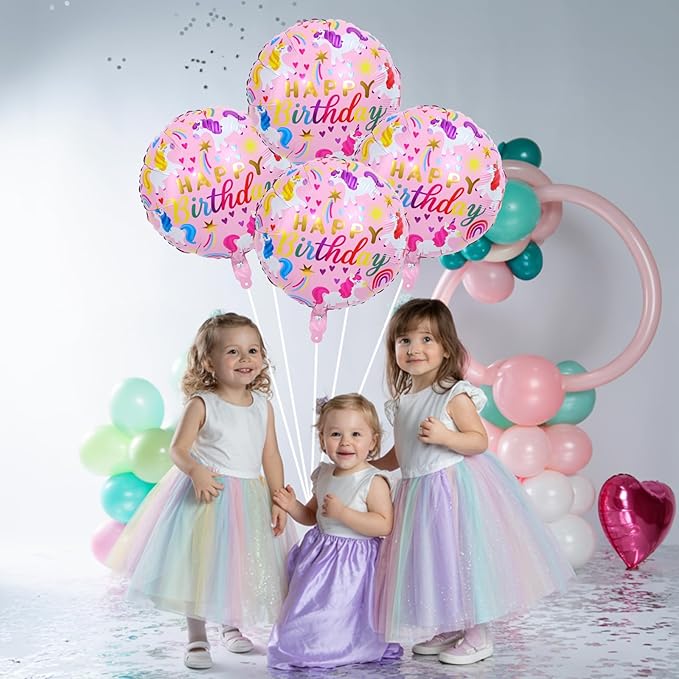 18 Inch Unicorn Balloons for Party Decor, 4PCS Round Rainbow Unicorn Foil Mylar Birthday Balloon for Girls Women Rainbow Themed Baby Shower Cute First unicorn Birthday Party Decorations Supplies