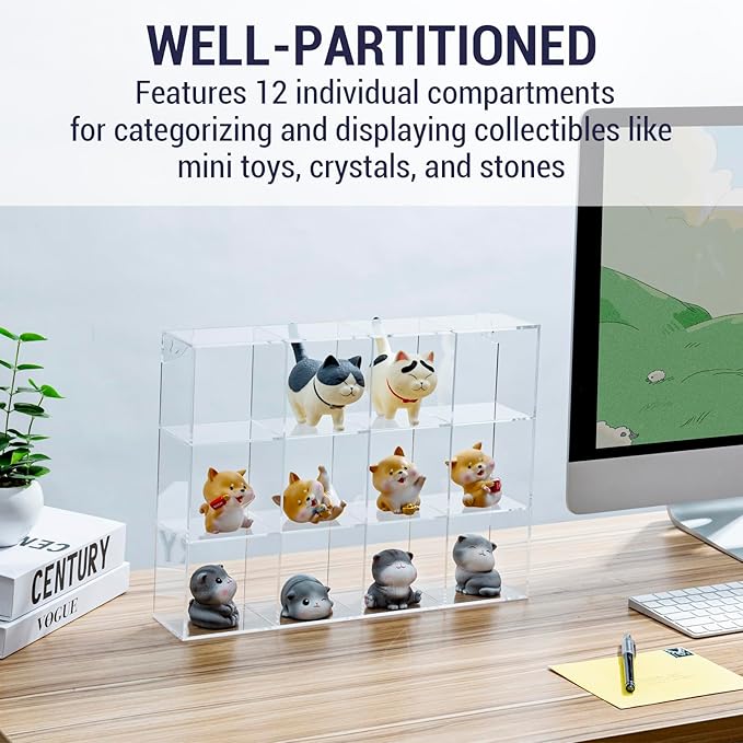 MyGift Acrylic Figure Display Case, Funko Pop Shelves 3 Tiers-12 Compartments, Collectibles, Crystals & Stones, Shadow Box Organizer Wall Mount or Desktop(15.5" W x 11.5" H)