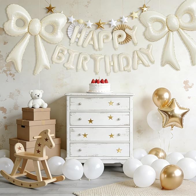 4 Pcs Cream Bow Balloons, 31”Huge Beige Bow Aluminum Foil Balloons for Birthday, Baby Shower, Wedding, Bridal, Engagement, Bachelorette, Gender Reveal, Princess Party Decorations Supplies