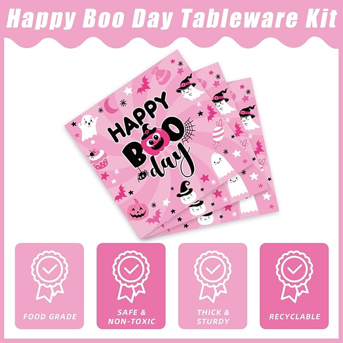 96Pcs Pink Halloween Birthday Party Decorations, Halloween Happy Boo Day Party Plates and Napkins Set Supplies Halloween Little Boo Ghost Baby Shower Tableware Decor for Girl, Serves 24