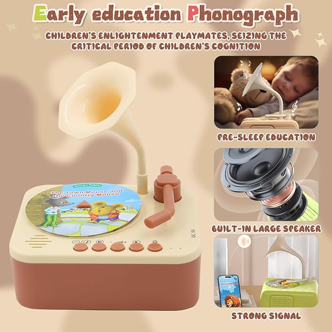 Kids Phonograph with 96 Cards, Toddler Record Player, Story & Music Player, Educational Phonograph for Boys and Girls Age 3+