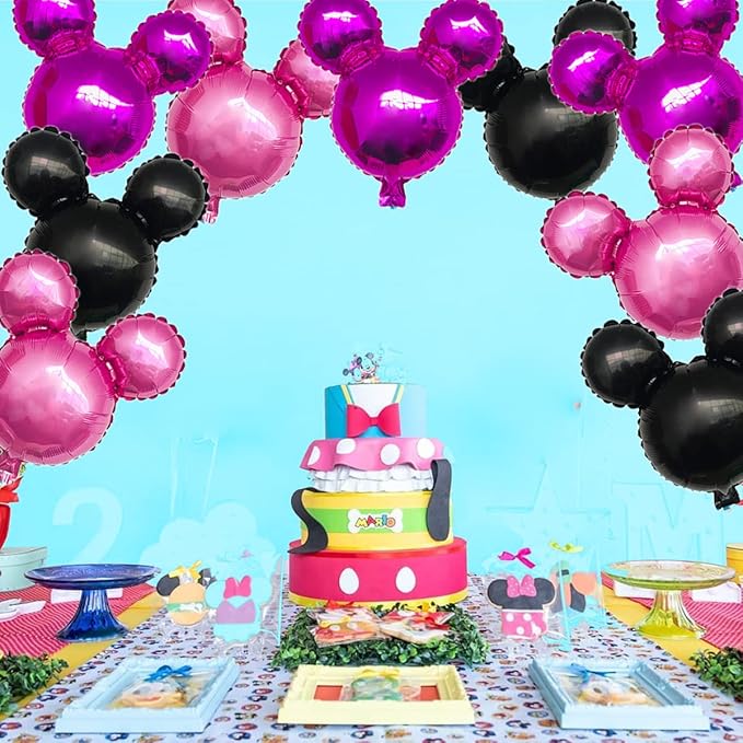 9Pcs Pink Mouse Party Foil Balloons, 27” Black, Rose Red, Pink Balloons, Cartoon Mouse Party, Baby Party, Girl Party, Kids Birthday Theme Party Decoration Supplies