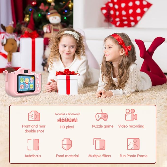 Kids Camera for 3-9 Year Old Boys Girls, Children Digital Camera with Cute Cartoon Soft Cover & 32GB SD Card, Best Christmas Birthday Gifts for Grandkids, Halloween Party Favors for Kids - Pink