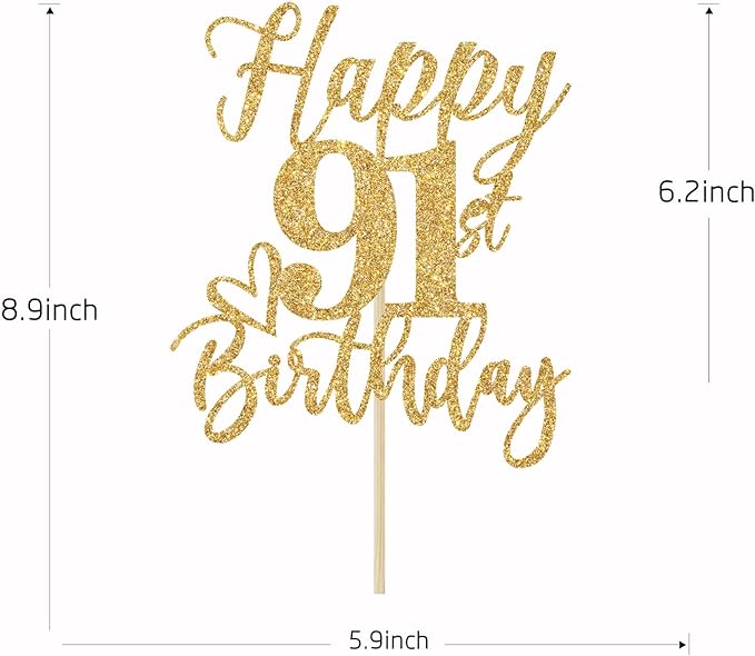 Happy 91st Birthday Cake Topper, Birthday Decorations for Men/Women, Cheers to 91 Years, Hello 91, Party Supplies Gold Glitter