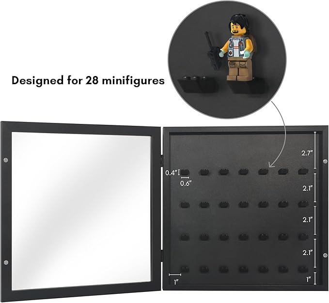 Americanflat 14x14 Minifigure Display Case with Polished Plexiglass - Holds 28 Minifigures - Silhouette Collection - Wall-Mounted Building Block Toy Display Case for Small Toy Collectibles - Black