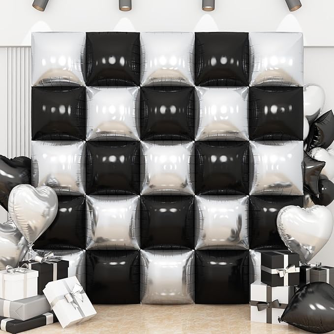 Black Silver Square Foil Balloon Wall,25Pcs Double Sided Foil Balloons Backdrop Helium Polyester Tunnel Arch Garland Kit for Birthday Bridal Anniversary Baby Shower Party Decorations