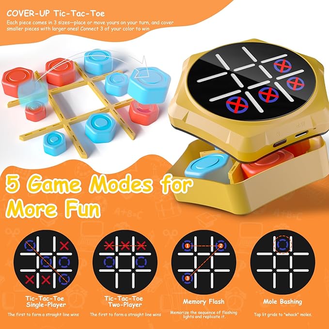 Electronic Tic Tac Toe Game, 5-in-1 Electric Tic Tac Toe with Mute & Rechargeable - Handheld Travel Board Game for Kids Ages 4+, Adults, Family - Educational Learning Toy for Boys Girls, Yellow