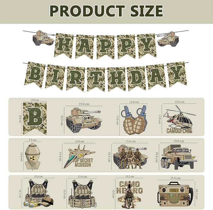 Army Birthday Party Decorations Include Camo Happy Birthday Banners Hanging Swirls Honeycomb Centerpieces Military Birthday Theme Party Supplies