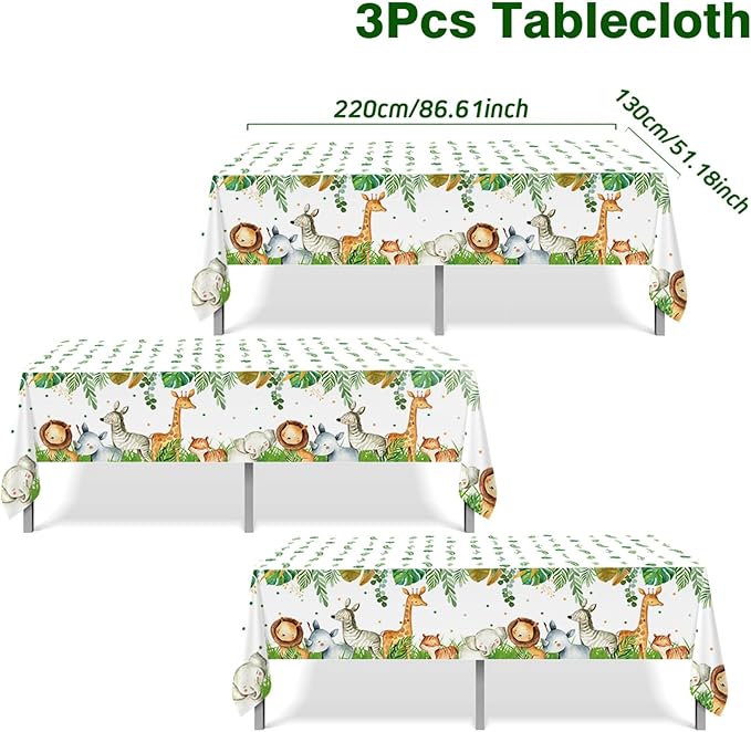 Jungle Safari Tablecloths,3Pcs Wild Animal Table Cover for Safari Baby Shower Decorations,Boys and Girl Birthday Party Sage Green Theme Party Supplies