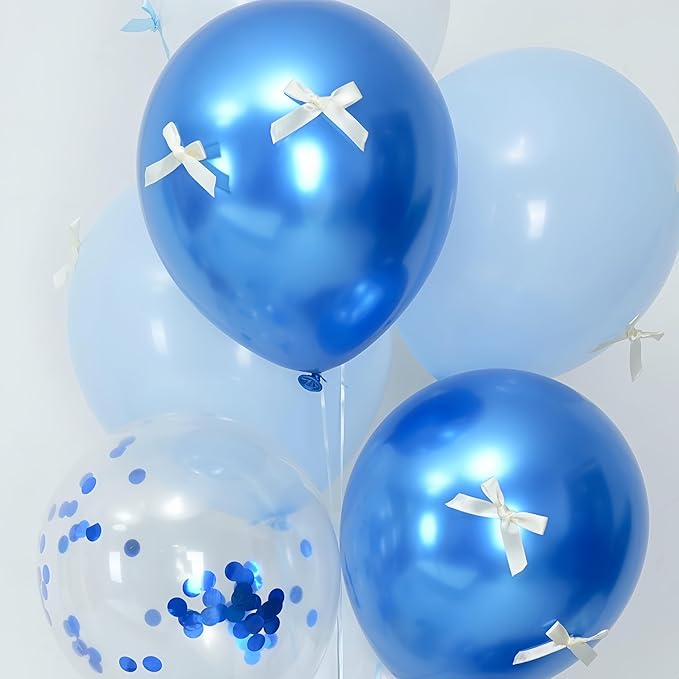 Blue Bow Birthday Decorations, Blue Happy Birthday Banner with Satin Ribbon Mini Bows Decor, White and Clear Balloons and Bow Foil Balloon for Girls Birthday Bows Theme Party Supplies