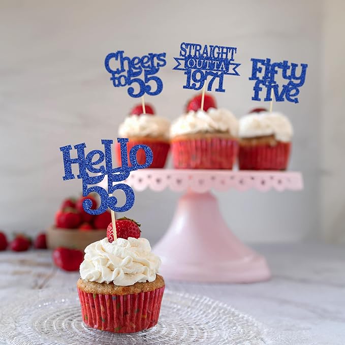 Ephlyn 24Pcs 55th Birthday Cupcake Toppers Glitter Straight Outta 1971 Cupcake Picks Hello 55 Cheers to 55 Years Cake Decorations for 55th Birthday Anniversary Party Decorations Supplies Blue