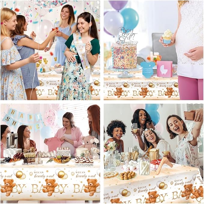 3PCS Bear Baby Shower Tablecloth, We Can Bearly Wait Teddy Bear Tablecloth Boho Brown Balloon Star Plastic Table Cover for Kids Birthday Party, Gender Reveal, Baby Shower, 51.2X 86.6inch