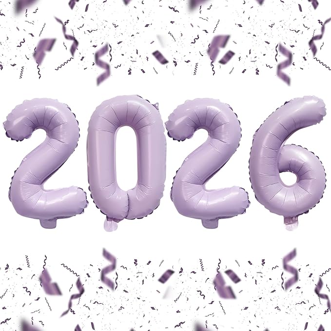 KALOR 16 Inch 2026 Pastel Purple Foil Number Balloons, 2026 New Years Decorations for 2026 Happy New Year Eve and Graduations Party Supplies