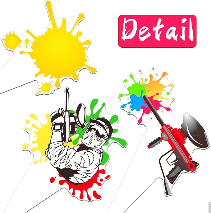 Paintball Cupcake Toppers 48PCS Paintball Birthday Party Decorations Colorful Splash Shooting Game Cake Toppers Paintball Cupcake Decorations for Sport Theme Party Supplies