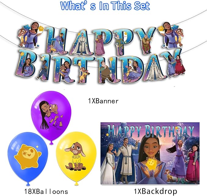 42Pack Wish Birthday Party Supplies Pack Includes，Banner，Cake Topper，Blackdrop,Balloons for Wish party supplies