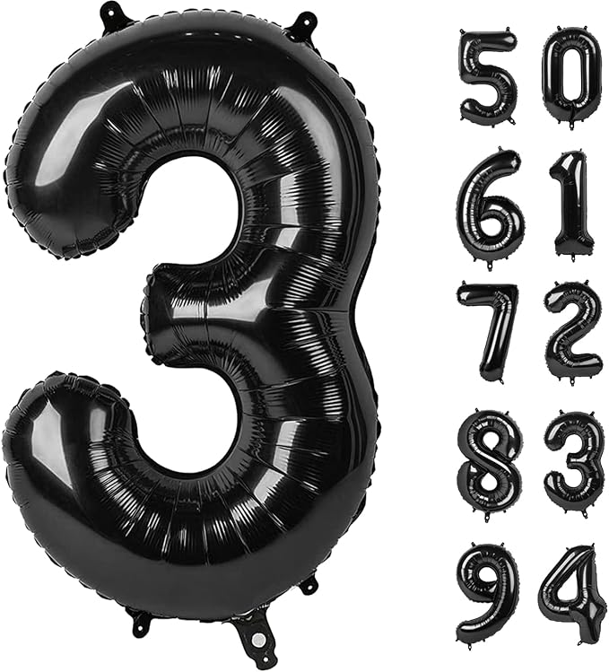 3 Balloon, Black Number Balloon 40 Inch, 3rd Three Year Old Birthday Deco, Black Party Supplies for Party Decorations, Number 3 Balloon