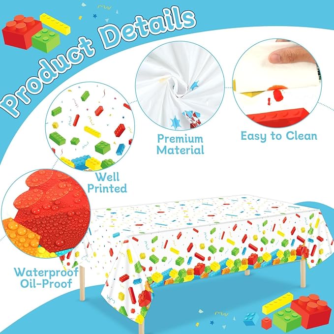 3 Pcs Building Blocks Tablecloth 105 x 54 inches - Building Blocks Theme Party Decorations Disposable Plastic Table Cover for Children Kids Birthday Party Decor Supplies Favors (White)