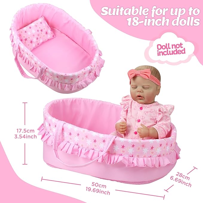 GAGAKU 18 Inch Doll Bassinet - Baby Doll Bed with Carry Handle & Pink Accessories Set for Girls & Kids, Reborn Baby Dolls Accessories
