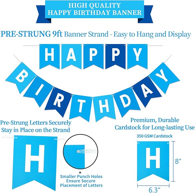 Blue Birthday Decorations Kit - 16-Piece Set with Pre-Strung Happy Birthday Banner, Honeycomb Balls, Garland & Swirls | Blue Theme Party Supplies for Men Boys Kids, Teens Adults