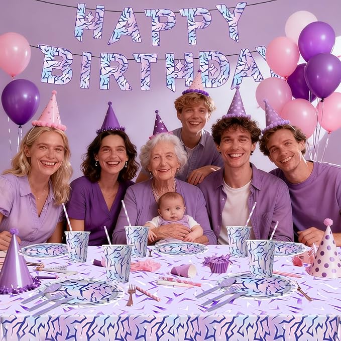 104pcs Purple Demon Birthday Tableware, Hunters Party Character Supplies Set Include Banner,Plates Napkins Cups Knives Spoons Forks Straw Tablecloth Boys Girls Movie Theme Party
