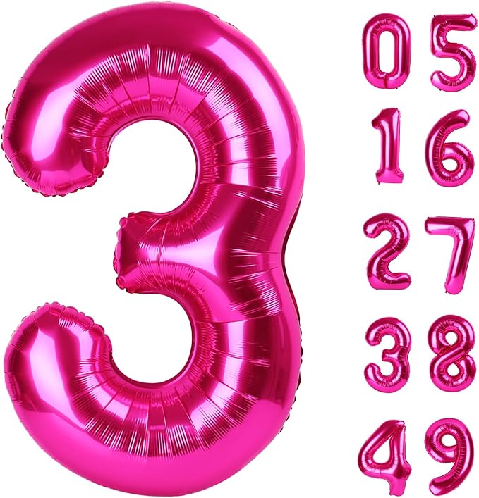 40 Inch Hot Pink 3 Large Number Balloon, 3 13 23 30 33 Hot Pink Birthday Party Decorations, Number Three Foil Balloons for Anniversary Party Graduations Celebration Supplies