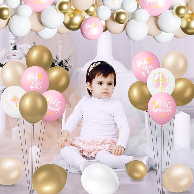 169 Pcs First Communion Decorations Balloons Kit Baptism Party Decorations Pink Metallic Gold Balloons Arch Kit First Holy Communion Decor for God Bless Christening Birthday Theme Party Supplies