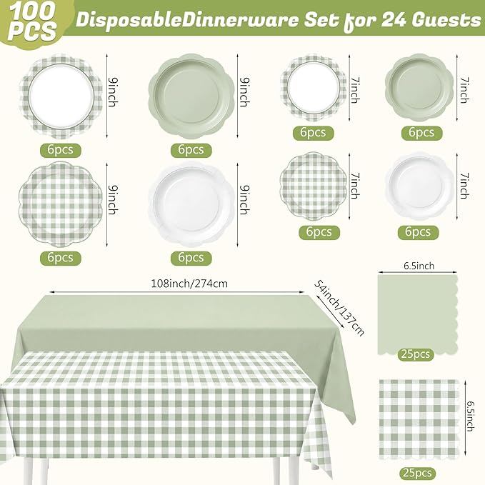LemonRoad 100 Pcs Sage Green Gingham Paper Plates Napkins Plastic Tablecloth Set for 24, Green White Disposable Dinner Dessert Scalloped Plates for Baby Shower Picnic Birthday Party Supply Decoration