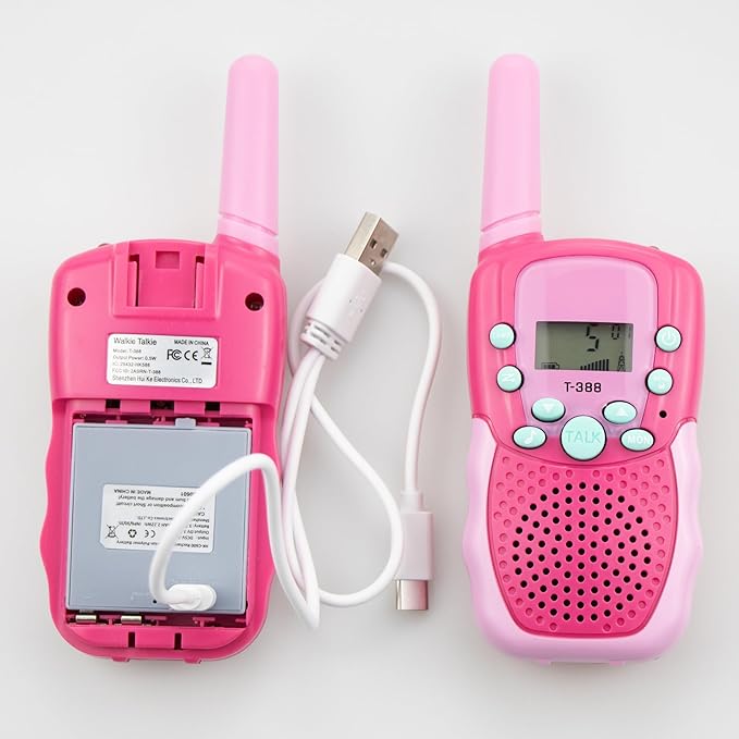 Kids Walkie Talkies T-388 Mini 2 Way Radio USB Rechargeable 22 Channels Long Range Toys for Boys Girls 3-12 Years Old Birthday Gift, Outdoor Adventures, Camping, Hiking (2 Pack, Pink)